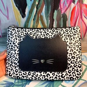 Kate Spade Meow Cat Large Zip Pouch Clutch Black Multi Leopard Animal Print NEW
